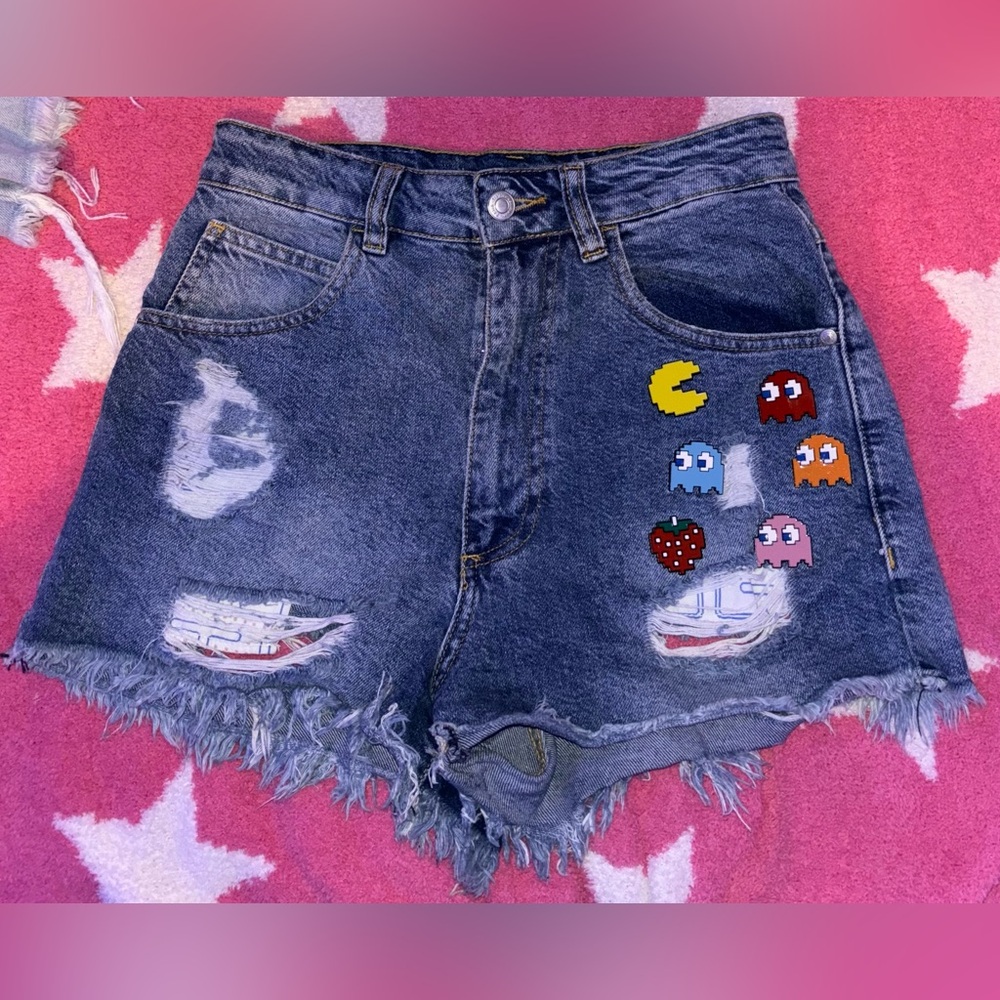 Zara Trefaluc denimwear PacMan distressed shorts